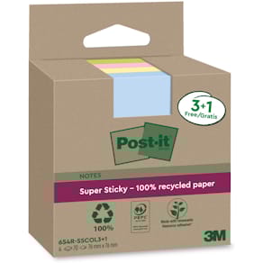 Haftnotizblock Post-it Super Sticky Recycling Notes, farbig, 76 x