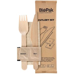 Bestiksæt træ, kniv/gaffel, salt/peber og serviet, 250 sæt
