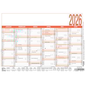 Wandkalender ZETTLER Typ 904, A5, 6 Monate/Seite, deutsch