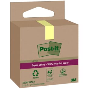 Haftnotizblock Post-it Super Sticky Recycled, gelb, 3 x 70 Blatt