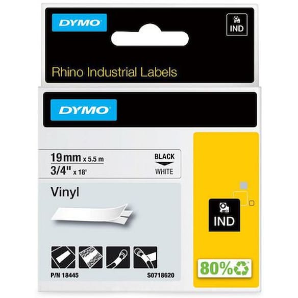 Tape DYMO Rhino vinyl sort/hvit 19mm