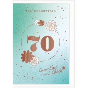 Geburtstagskarte KOMMA³, Zahl 70, bunt, mit Umschlag