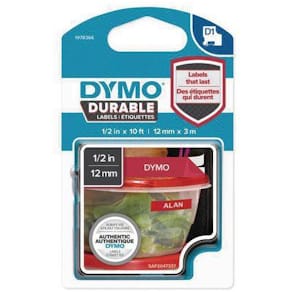 Märkband Dymo D1 Durable, vit/röd, 12mm