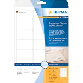 Folienetikikett HERMA A4, 63,5x38,1 mm, transparent, 21/Stk., 25