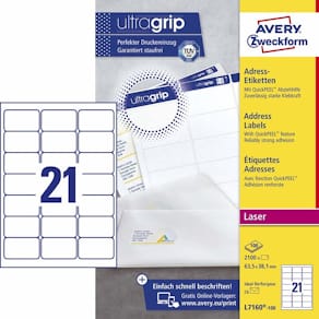 Adresetiketter Avery L7160 63,5x38,1 mm, 21/ark, FSC, 2100 stk