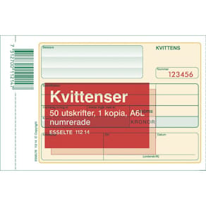 Kvittens A6 Liggande, 1 kopia, numrerad, 5st