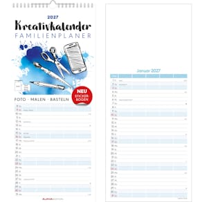 Bastelkalender Alpha Familienplaner 2026, 19,5 x 45 cm, bunt/weiß