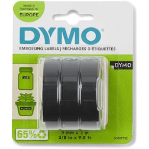 Tape Dymo D3, 9 mm, wit op zwart, blister van 3 stuks