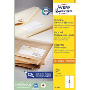 Etiketten Avery gerecycled universeel, wit, 105 x 148 mm, 400 st