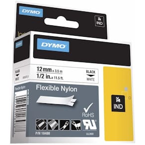 Labeltape DYMO Rhino fleksibel nylon, 12 mm x 3,5 m, sort/hvid