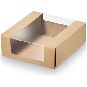 Kageæske pap/PLA brun med vindue 110x110x40 mm, 500 stk