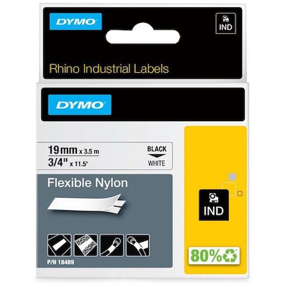 Tape DYMO Rhino nylon sort/hvit 19mm