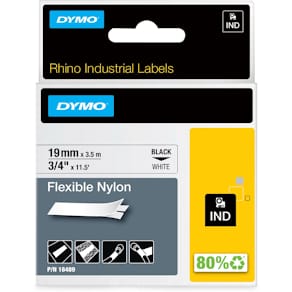 Nylontape Dymo RHINO, flexibel, 19 mm, zwart op wit