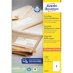 Etiket Avery gerecycled universeel, wit, 210 x 297 mm, 100 stuks