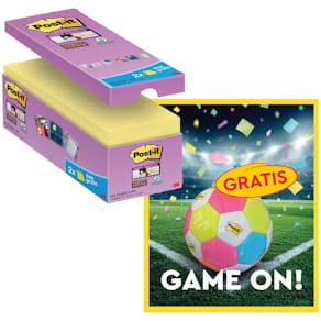 Memoblok Post-it Super Sticky 90 vel 76x76 geel, 14+2 + voetbal