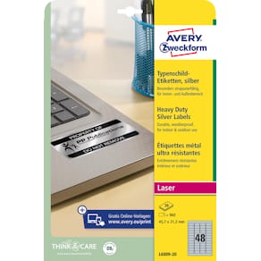 Etiketten Avery Zweckform ultra-sterk, zilver, 45,7 x 21,2 mm, 48