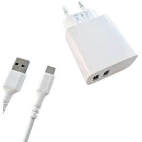 Laddare 220V 2xUSB 3.4A kabel USB-C 2.0 1 m vit