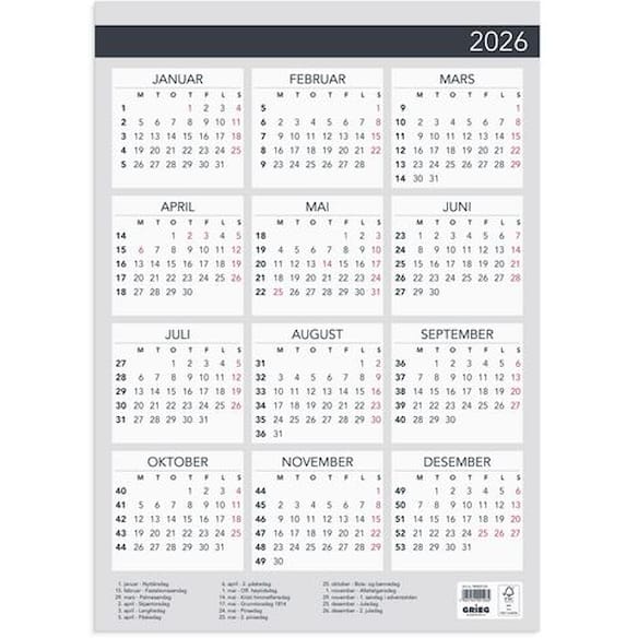 Plakatkalender Elegant GRIEG 2026 A3