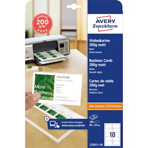 Visitenkarten Avery Zweckform, weiß, 100 Karten, 85 x 54 mm