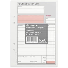 Följesedel A5 med kopia 3x50 blad numrerade