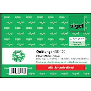 Quittungsblock Sigel, A6 quer, 2x50 Blatt, inkl. MwSt.
