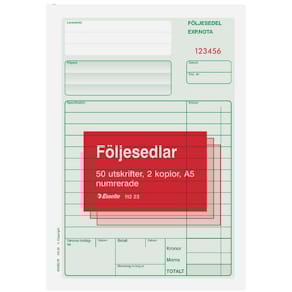 Följesedel A5 med två kopior, numrerade, 3x50 blad, 5st