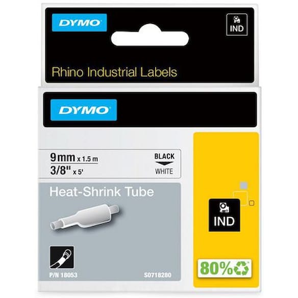 Tape DYMO Rhino kabelmerk. sort/hvit 9mm
