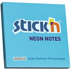 Selvklæbende notes Stick’n neonblå 76x76 mm, 12 stk