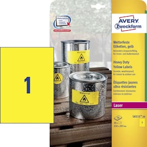 Laseretiketter Avery A4 gul 210x297 mm, 1/ark, 20 stk