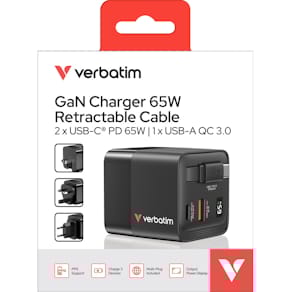 Ladegerät Verbatim, 65 W, 3-fach, Kabel, schwarz