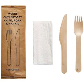 Træbestiksæt kniv/gaffel/serviet, fødevaregodkendt, 500 sæt