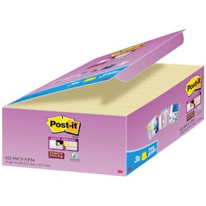 Memoblok Post-it Super Sticky, 90 vel, 47,6 x 47,6 mm, geel, pak