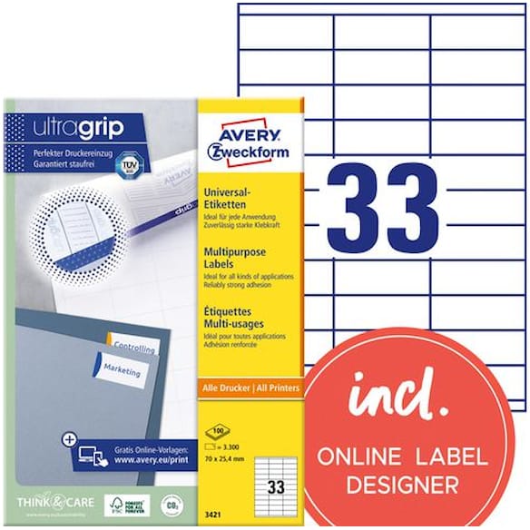 Etikett AVERY Ultragrip 70x25,4mm (3300)