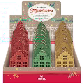 Anhänger MOSES. Glitzerhäuschen, Holz, gold/grün/rot