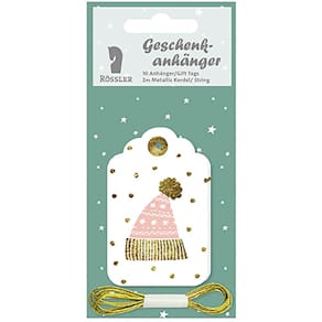 Geschenkanhänger Rössler, Weihnachten, 10 Stück, Mützen auf gold