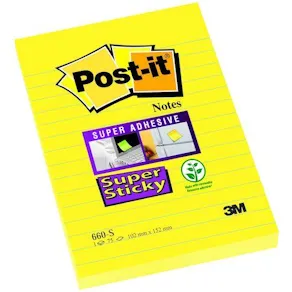 Post-It Supersticky Gul, linjerat, 102x152mm, 6st