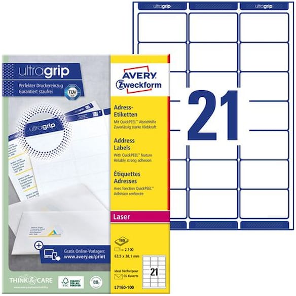Etikett AVERY laser QP 63,5x38,1(2100)