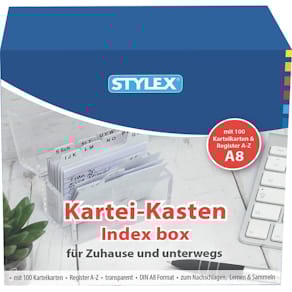 Karteikasten STYLEX, Kunststoff, transparent, A8, inkl. 100 Karte