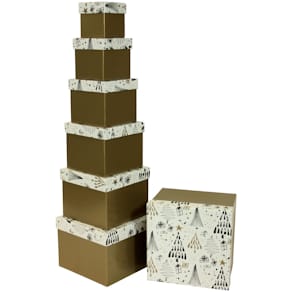 Geschenkkarton PBS, Bäume, gold/weiß, quadratisch, 20x20x14,5 cm