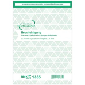 Formularblock RNK Bescheinigung Selbsttest, A5, weiß