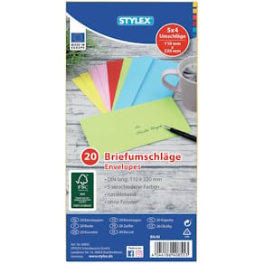 Briefhülle STYLEX DL, 5 Farben sortiert, 20 Stück, nassklebend