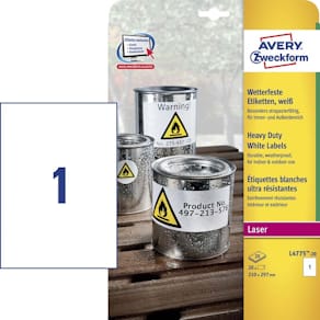 Etiketter Avery robuste sølv A4 210x297, laser, 20-pak