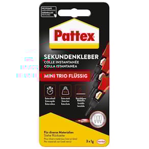 Sekundenkleber Pattex MINI TRIO, flüssig, 3 x 1 g