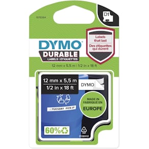 Tape Dymo D1 Duurzaam, 12 mm x 5 m, zwart op wit