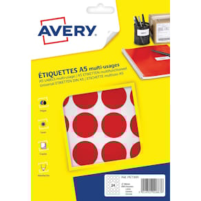 Markeringsetiketten Avery PET30R, rond, 30 mm, rood, blister (240
