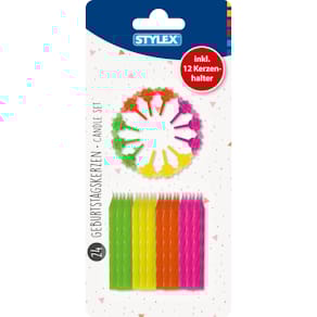 Geburtstagskerzenset STYLEX, 24 Kerzen, 12 Halter, sortiert