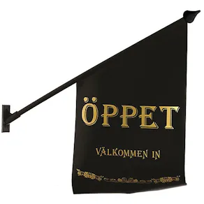 Flagga ''Öppet'' svart med guld text