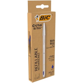 Balpen Bic Cristal Re-new, zilveren lichaam, blauwe inkt, doos