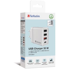 USB-Wandladegerät Verbatim GaN 30 W, 3x USB-A/1x USB-C