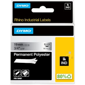 Labeltape Dymo RHINO, permanent polyester, 19 mm, zwart op metaal